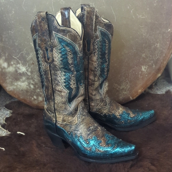 CORRAL R1232 distressed brown & turquoise studded Thunderbird cowgirl boots 6.5 - Picture 7 of 16